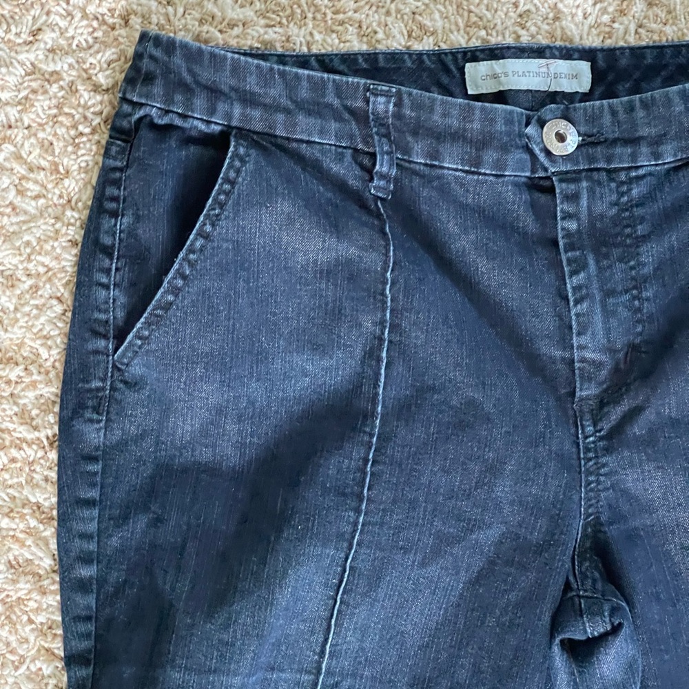 Chico's Platinum Dark Denim Dressy Bootcut Flare Jeans Size (12) 2 - Picture 2 of 9
